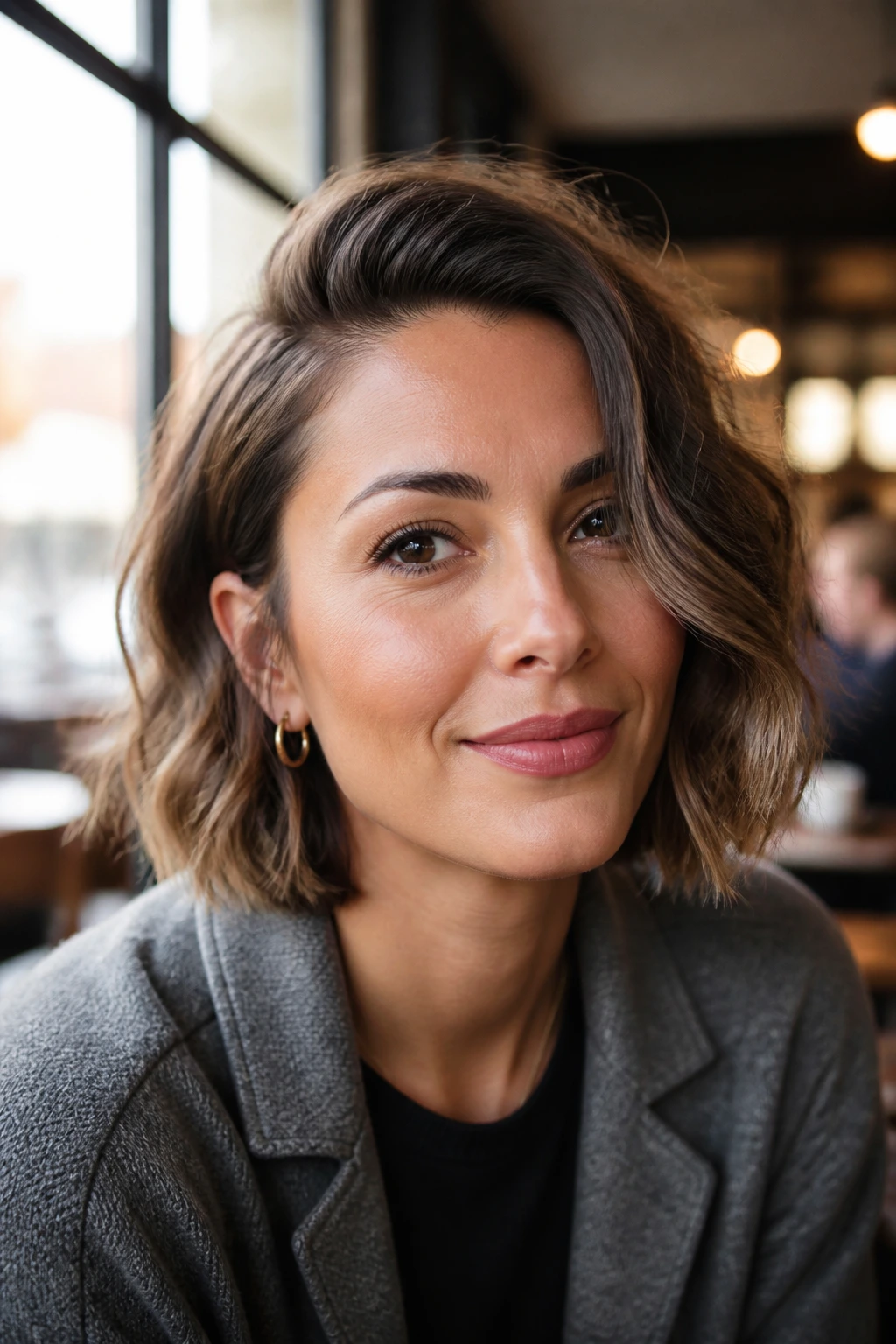 Real woman with modern bob with deep side-part and soft wave