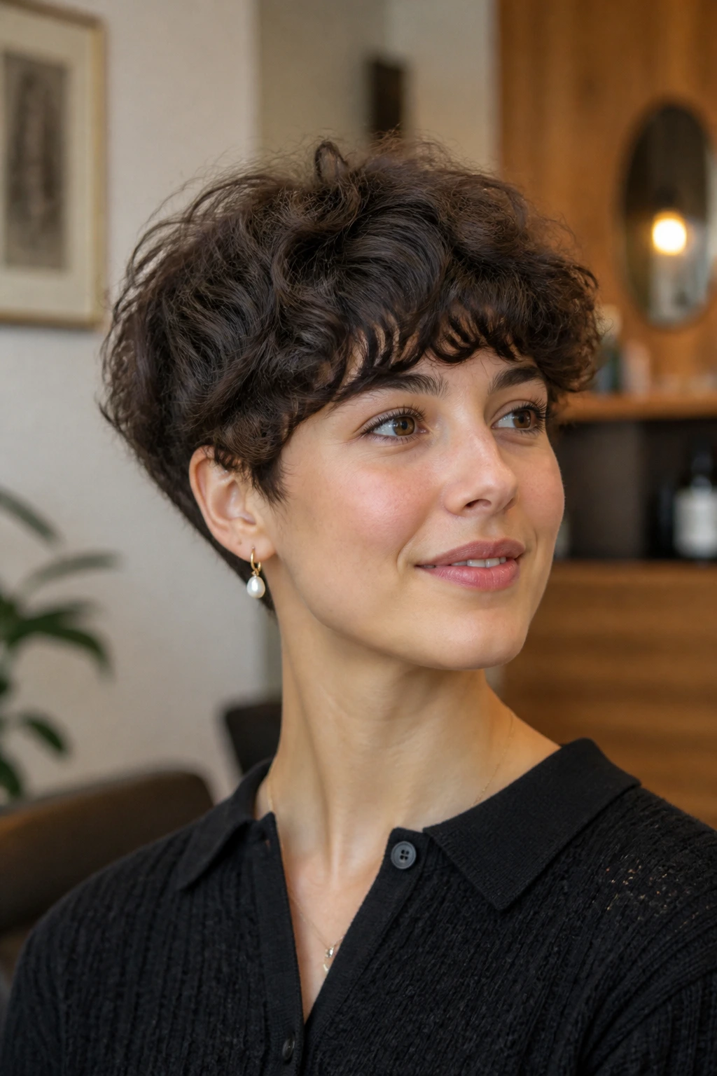 Close-up of a real person with a modern rounded bowl-cut curly silhouette in warm light