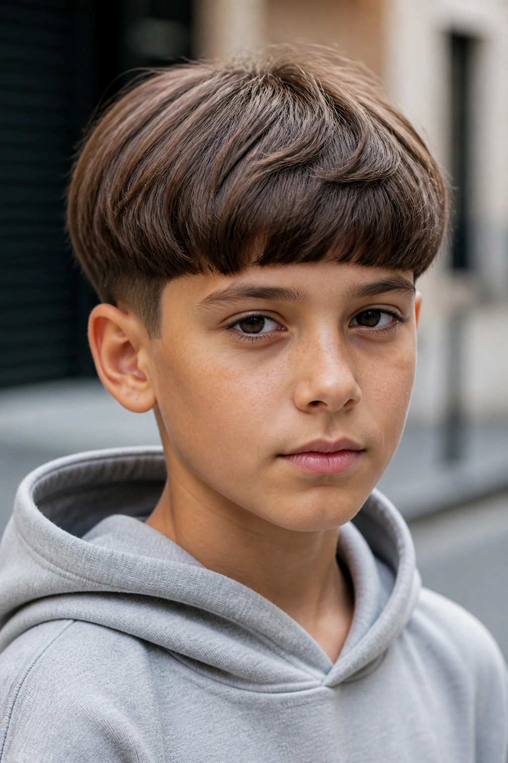 Boy with modern bowl cut, rounded top and tapered sides, outdoor daylight