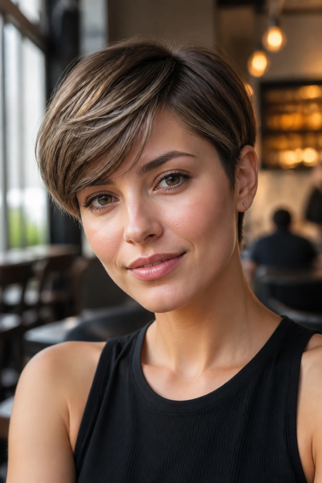 Close-up of real woman with modern bowl sweep fringe