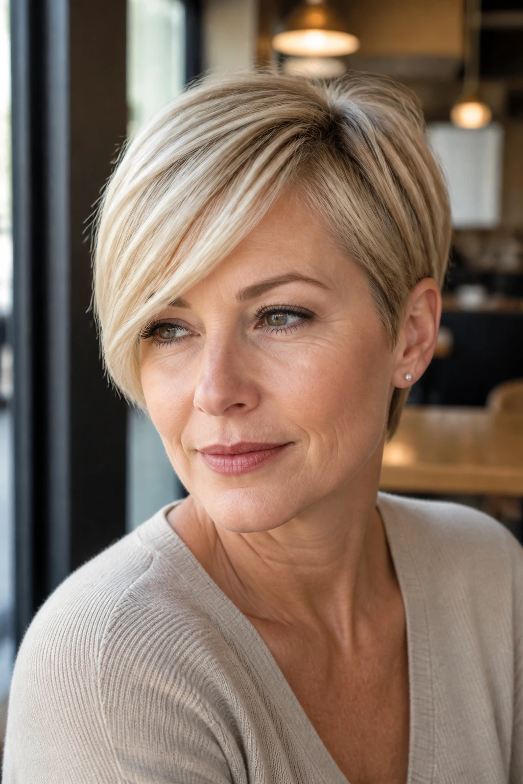 Portrait of a real woman with modern classic pixie and long side bangs