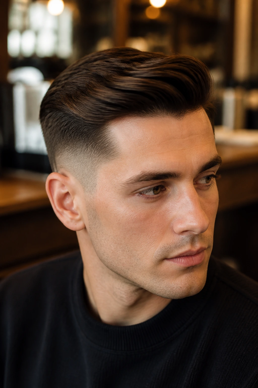 Close-up of modern comb over with low fade on a real man