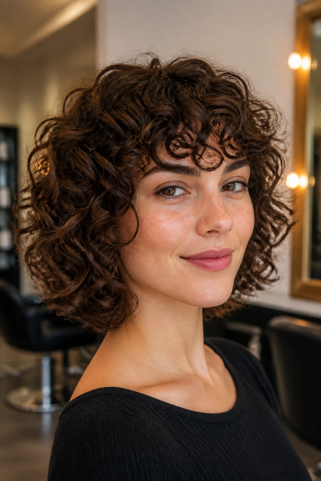 Close-up portrait of a real woman with a modern curly haircut in a warm salon setting