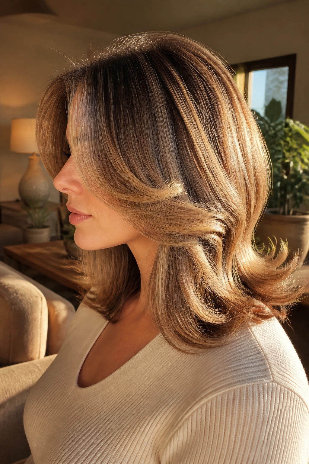 Profile view of a real woman with a Modern Farrah Flip hairstyle.