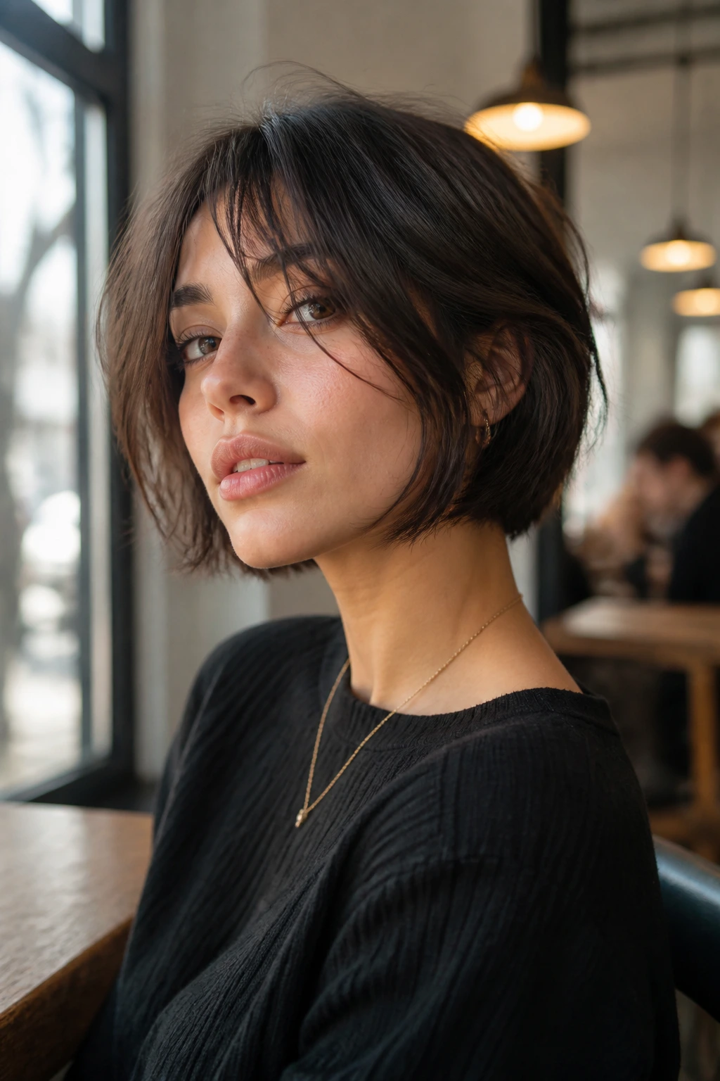 Portrait of a woman with modern French bob variation, jaw-length with cheek-brushing front pieces