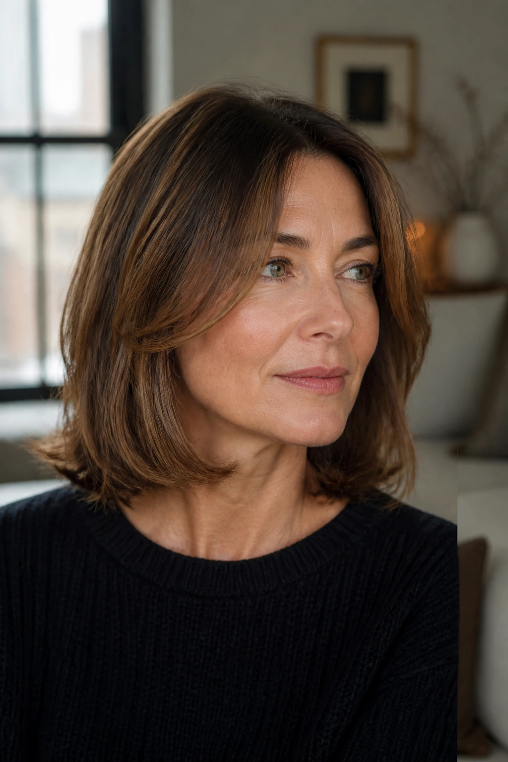 Close-up portrait of a real woman with a modern French lob