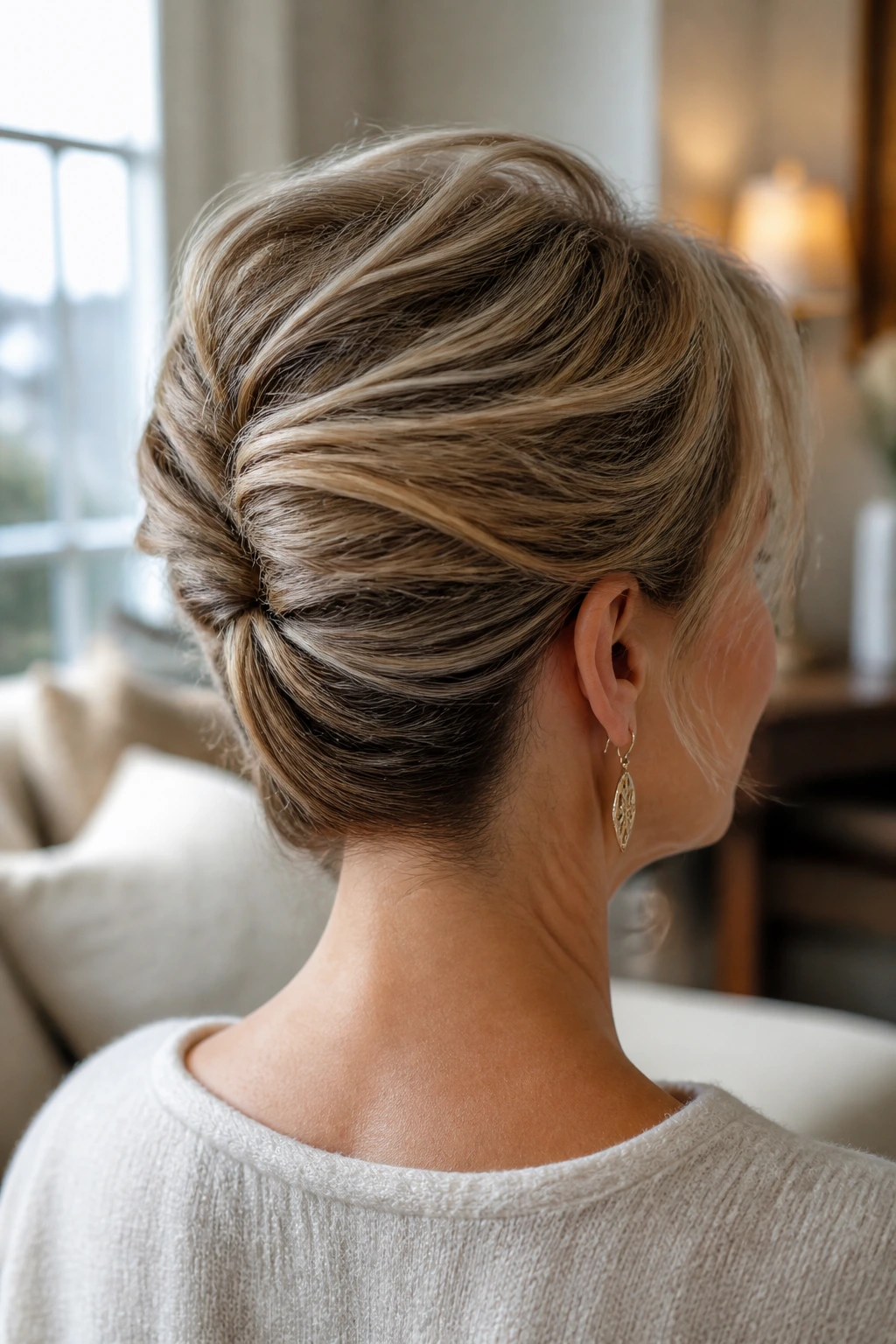 Back-of-head view of a real woman with a loose modern French twist