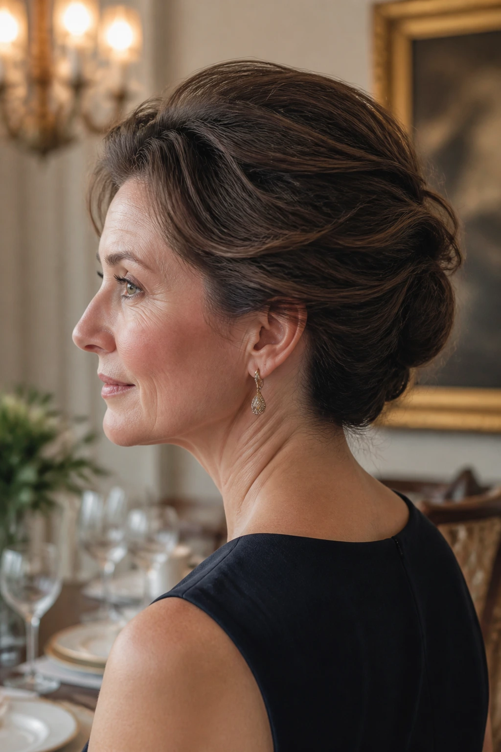 Close-up of a real woman wearing a low French twist with subtle crown lift in an elegant room.