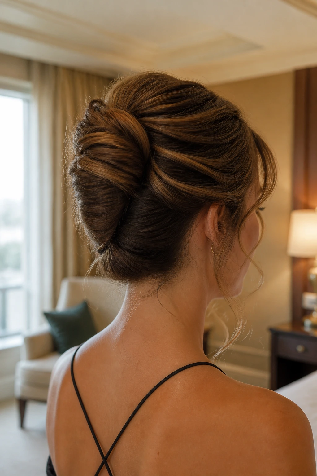 Back view of a woman with a textured modern French twist in a luxurious setting