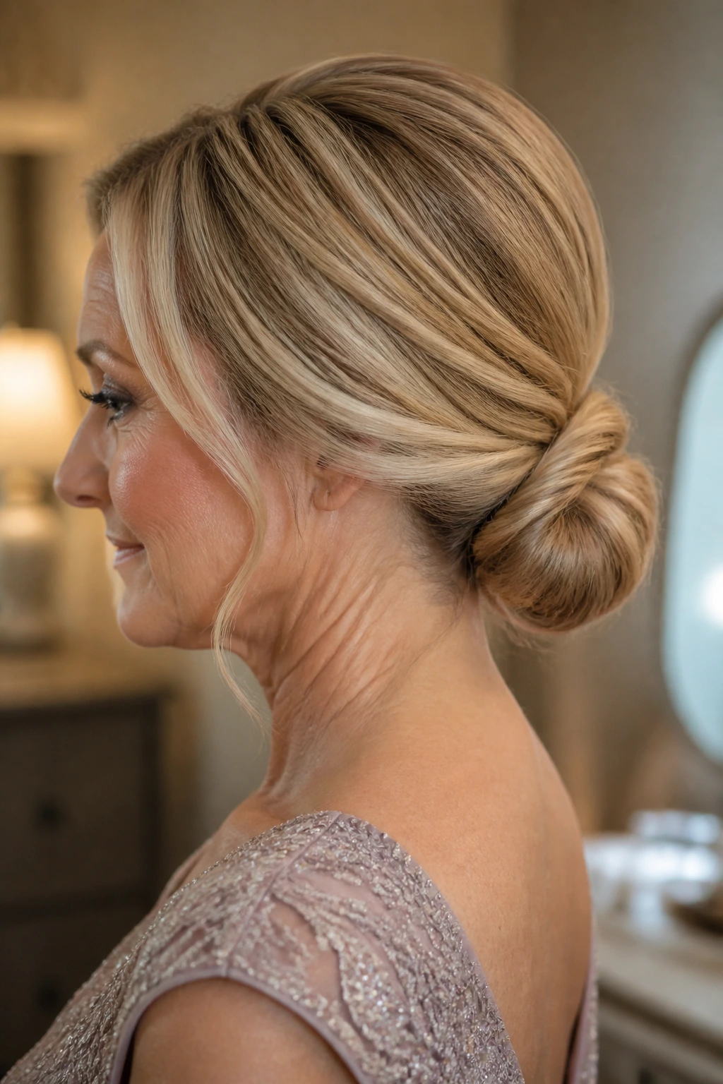 Close-up of a real woman with a modern knot at the nape, polished wedding hairstyle