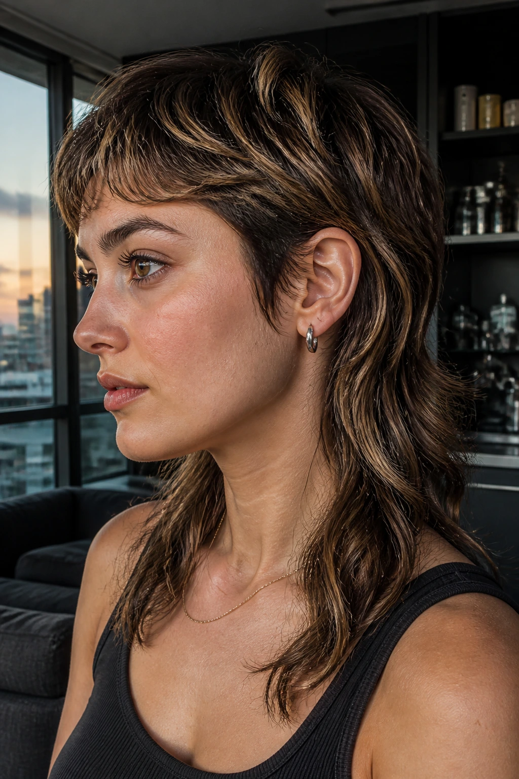 Real person with modern mullet and scattered babylights in natural light.