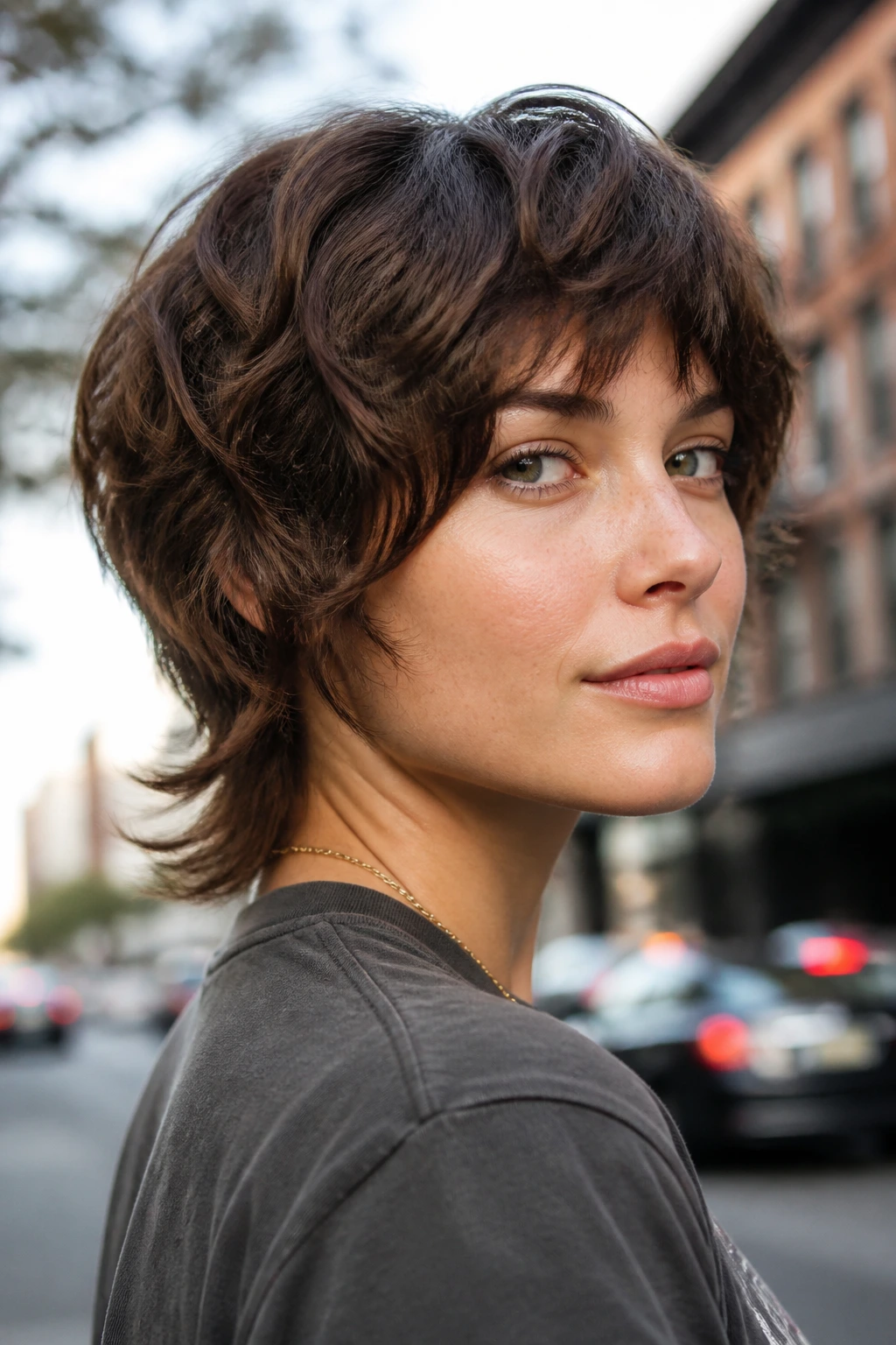 Close-up portrait of a real woman with a modern mullet bob showing front chin-length and longer back