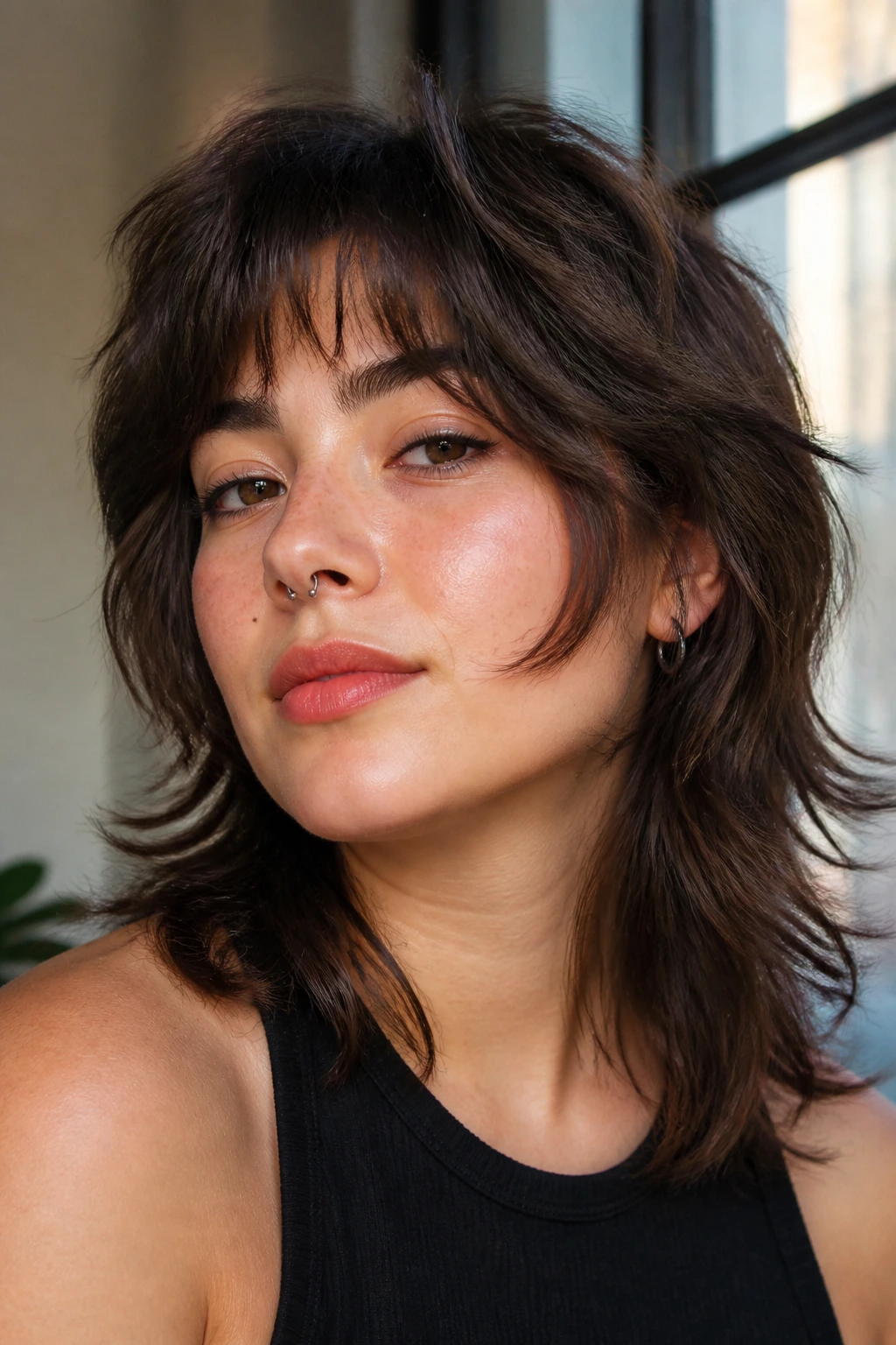 Portrait of a real person with a modern mullet and soft face frame.