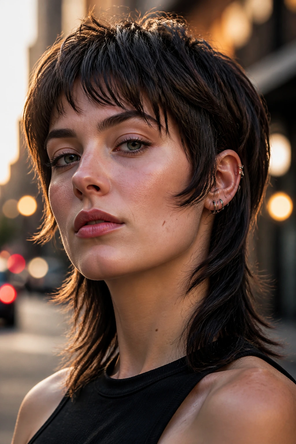 Close-up of a real woman with a modern mullet and soft feathering in golden-hour light.