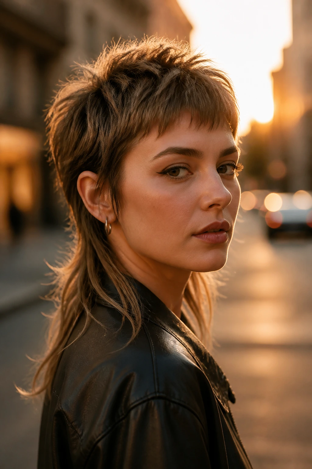 Three-quarter portrait of a real woman with a modern mullet lite
