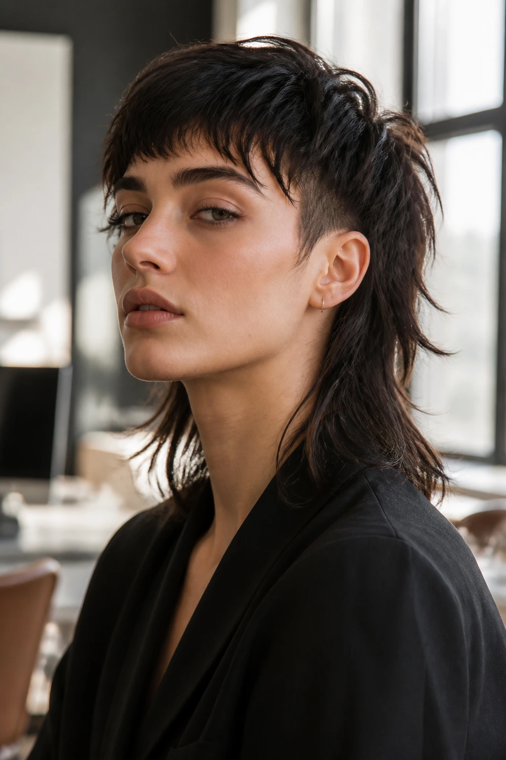 Close-up portrait of a real person showcasing a modern mullet with a short top and longer back