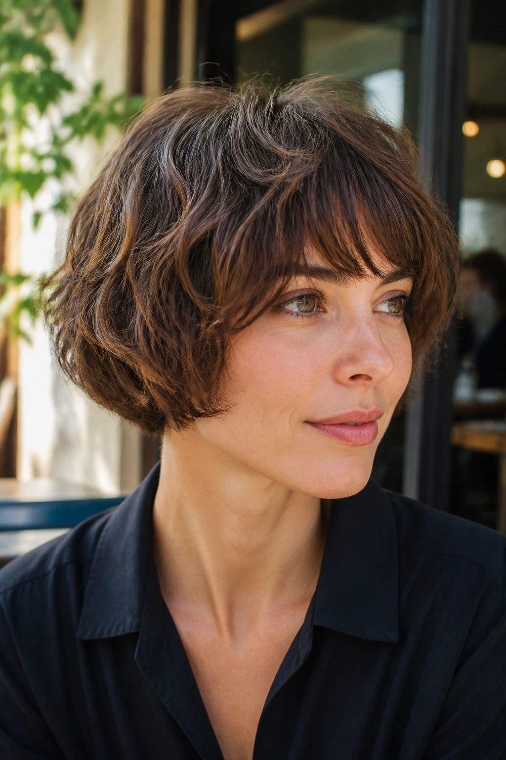 Woman with modern mushroom bob in outdoor cafe light