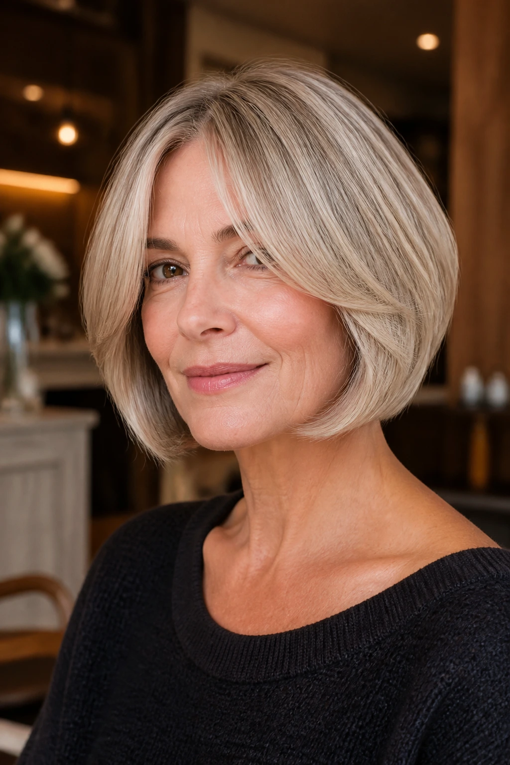 Close-up portrait of a real woman with a modern page cut
