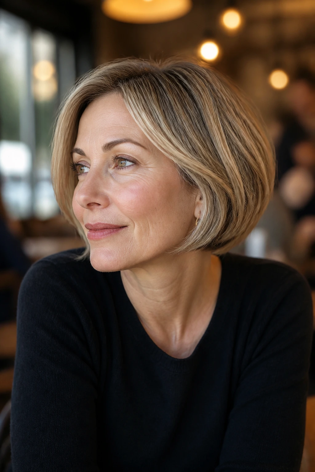 Portrait of a woman with a modern pageboy and beige babylights