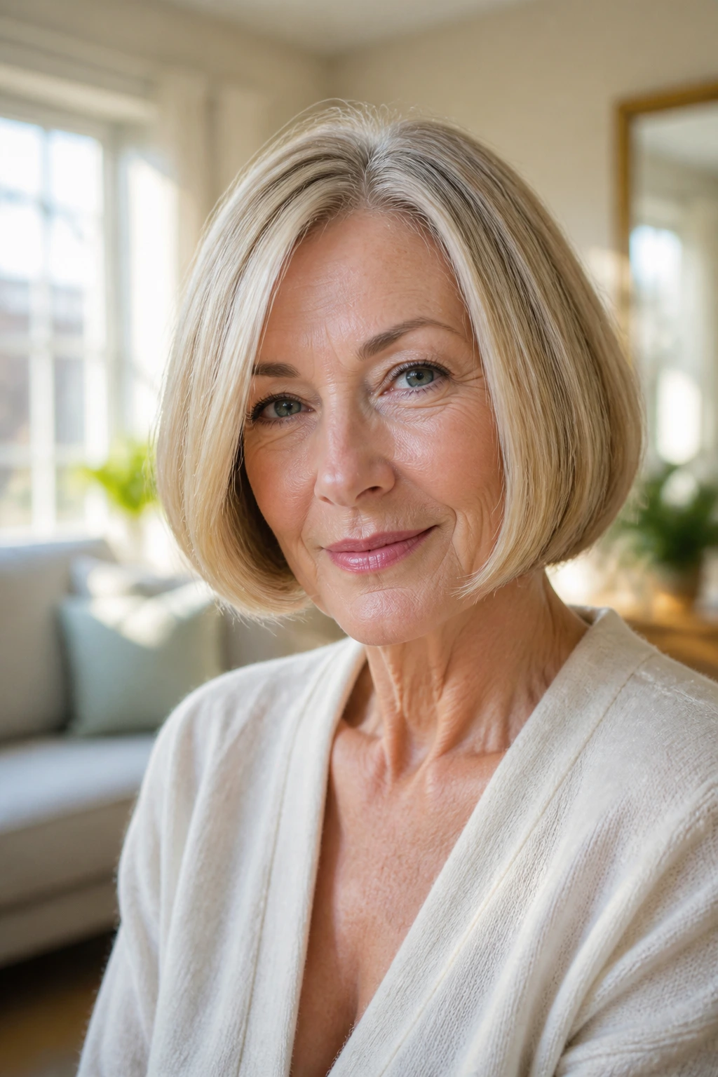 Close-up of a real woman with Modern Pageboy Bob hairstyle in warm window light
