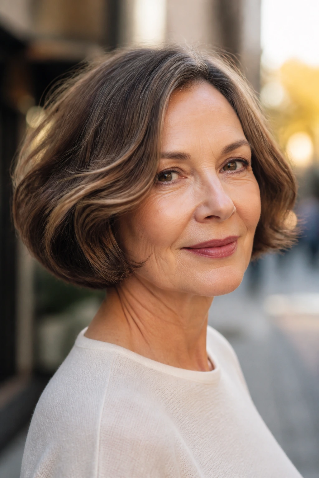Close-up of a real woman with a modern pageboy and curved ends.