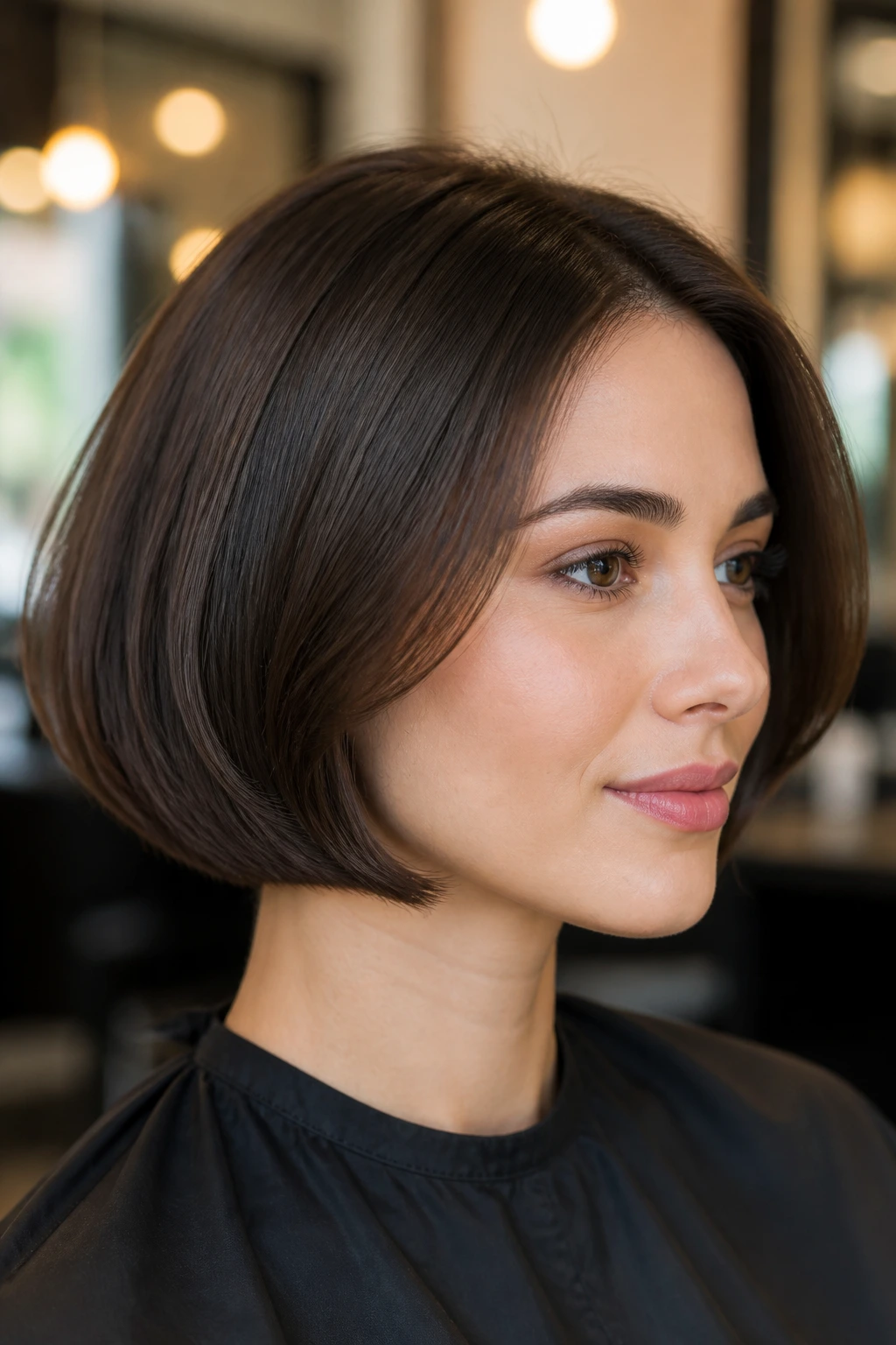 Close-up portrait of a real woman with a modern pageboy showing tucked-under finish for density.