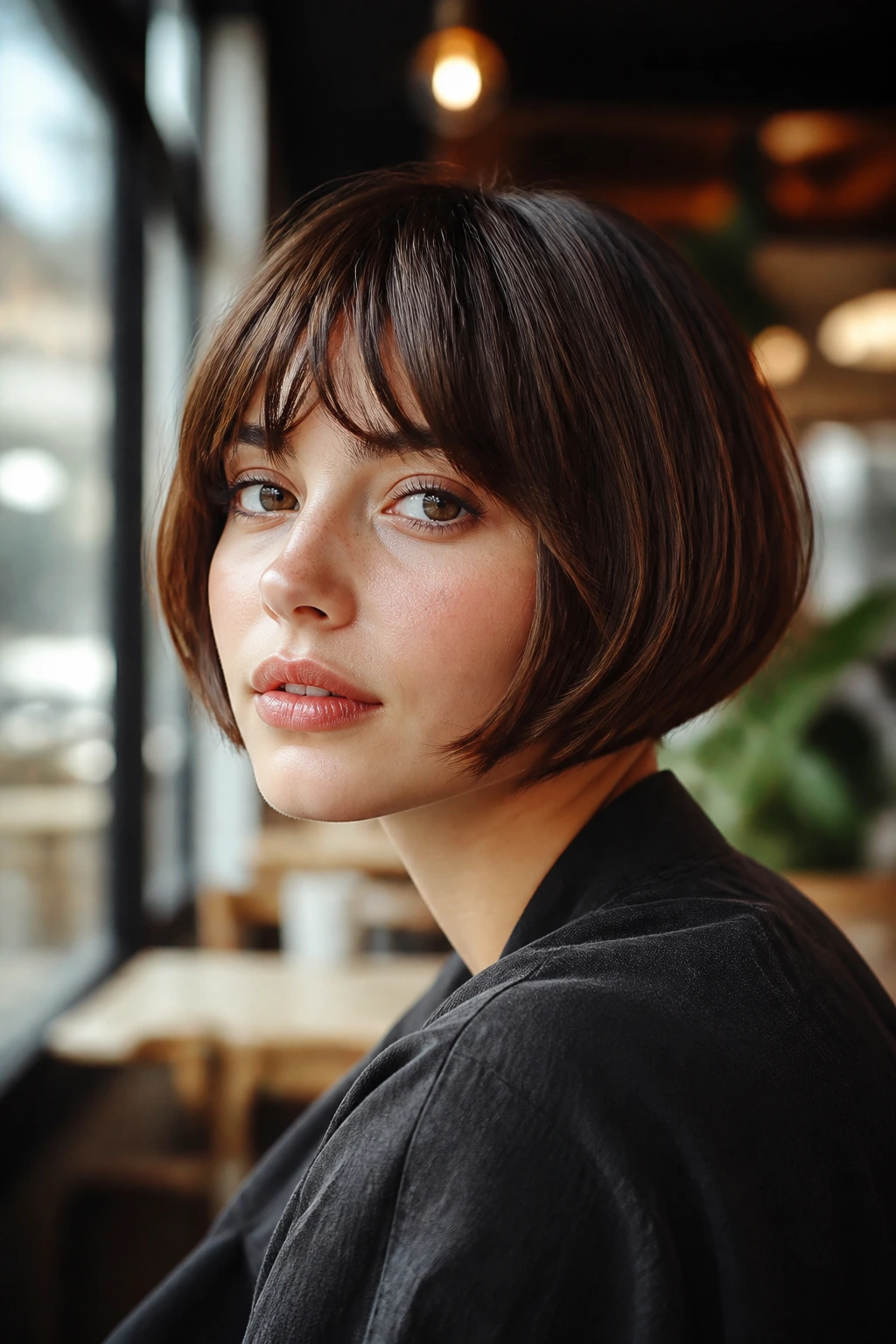 Real person with modern pageboy and soft edges in an urban cafe setting