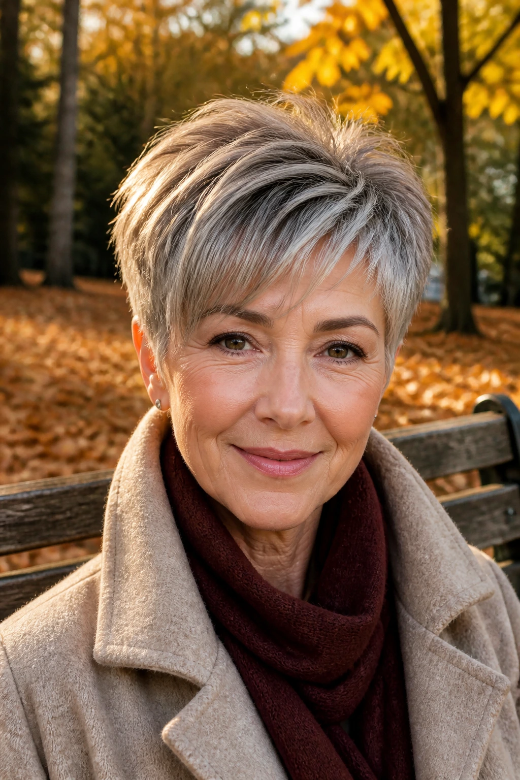 Close-up of a real woman with a modern pixie haircut and soft fringe