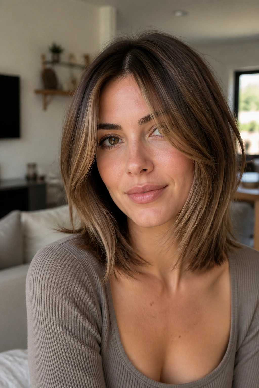 Close-up of a real woman with a Modern Rachel Cut featuring clean layers and middle part.
