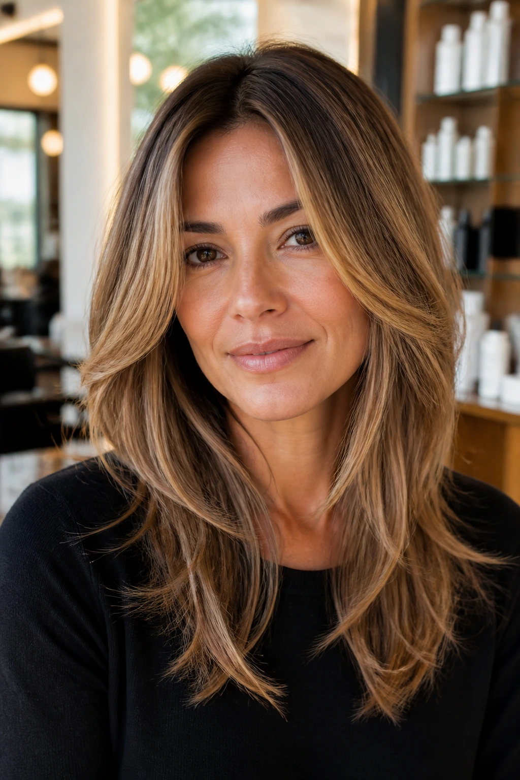 Close-up portrait of a woman with Modern Rachel Layers featuring face-framing layers and softened ends.