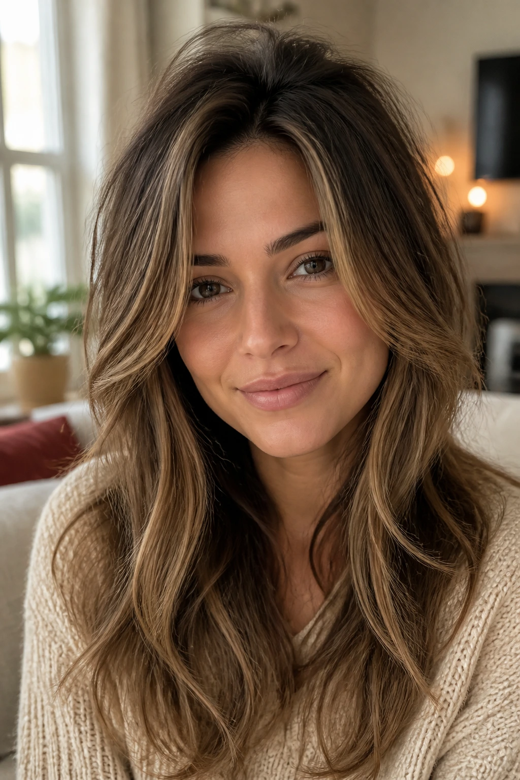 Close-up of a real woman with Modern Rachel Layers featuring face-framing layers and crown lift