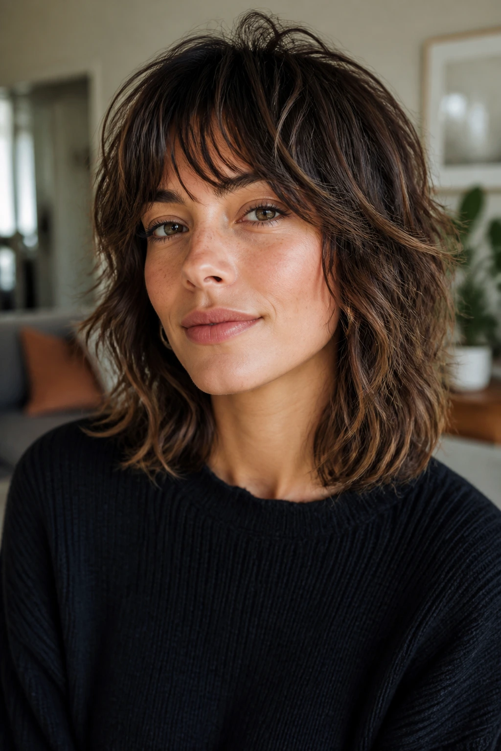 Real woman with modern shag and airy fringe in natural light