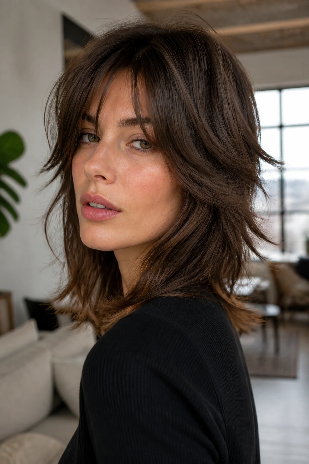 Portrait of a real woman with a modern shag and feathered face layers