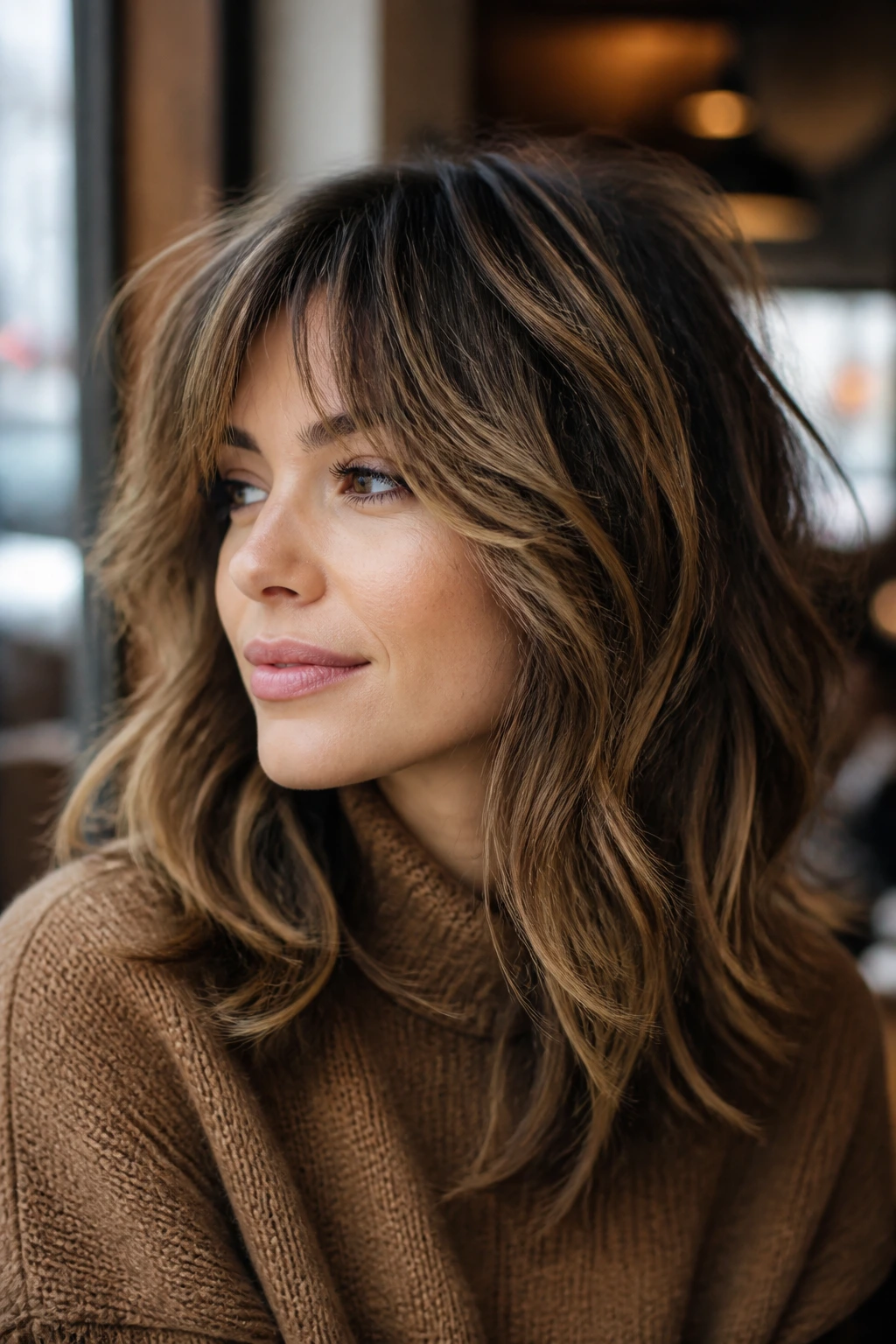 Close-up of modern shag with caramel ribbons and layering