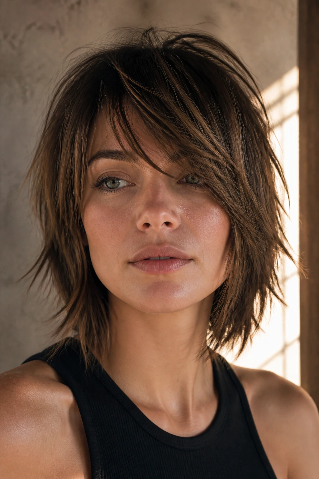 Real woman with modern shag haircut and side bangs