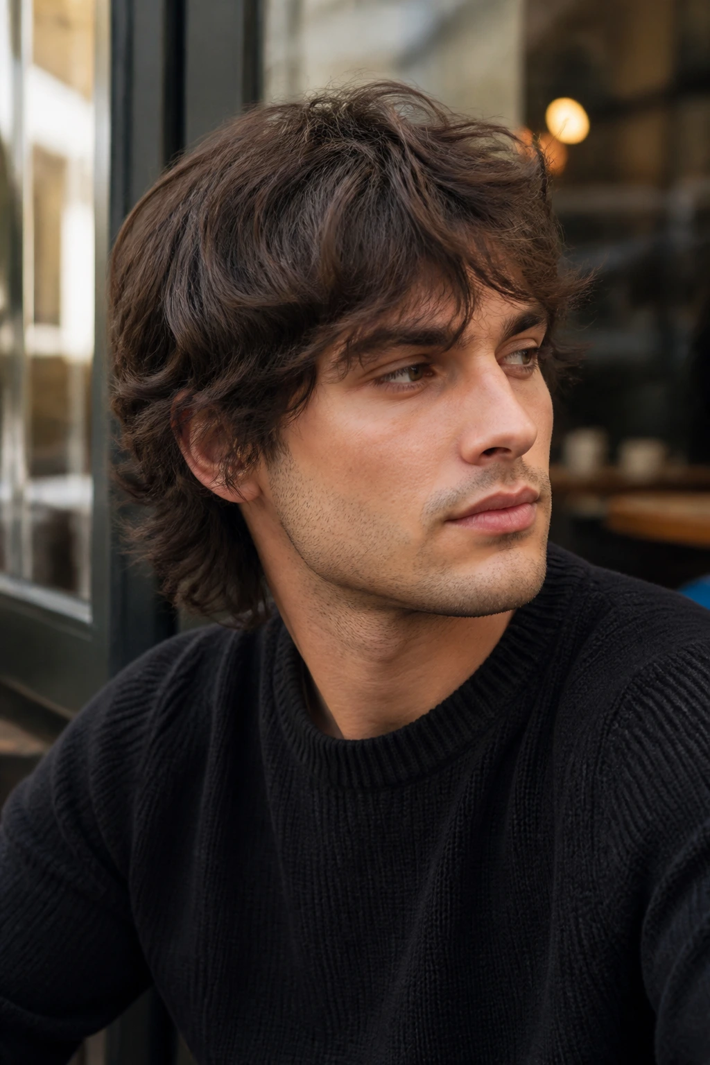 Portrait of a man with modern shag hairstyle featuring soft layers and natural wave