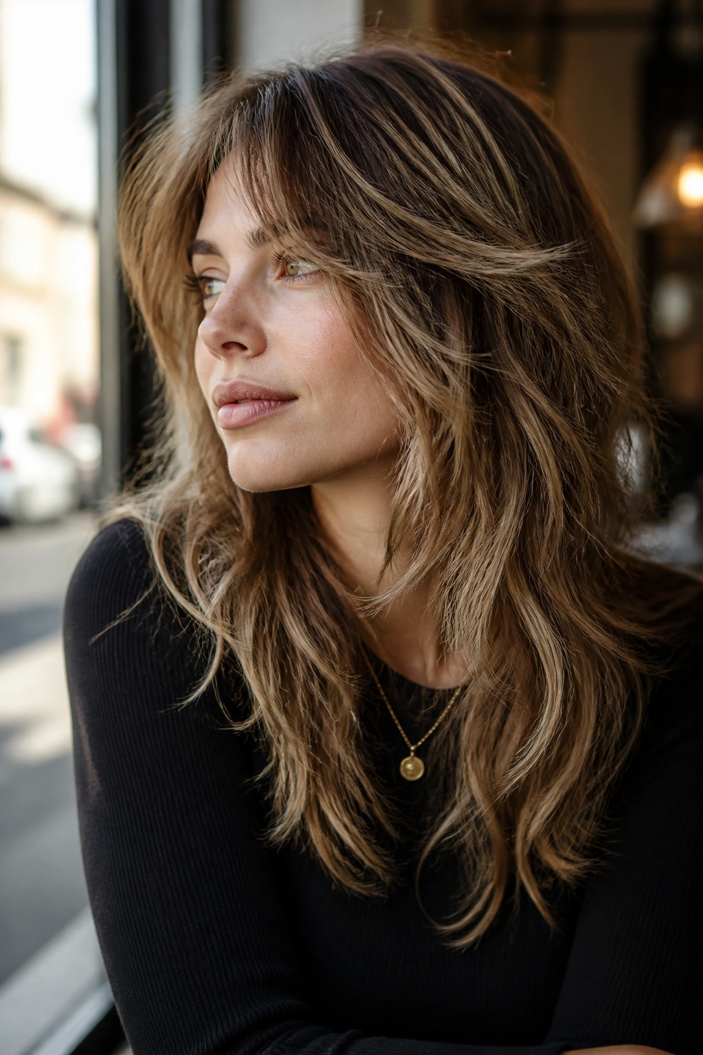 Close-up of a real person with Modern Shag soft texture and babylights in thick hair