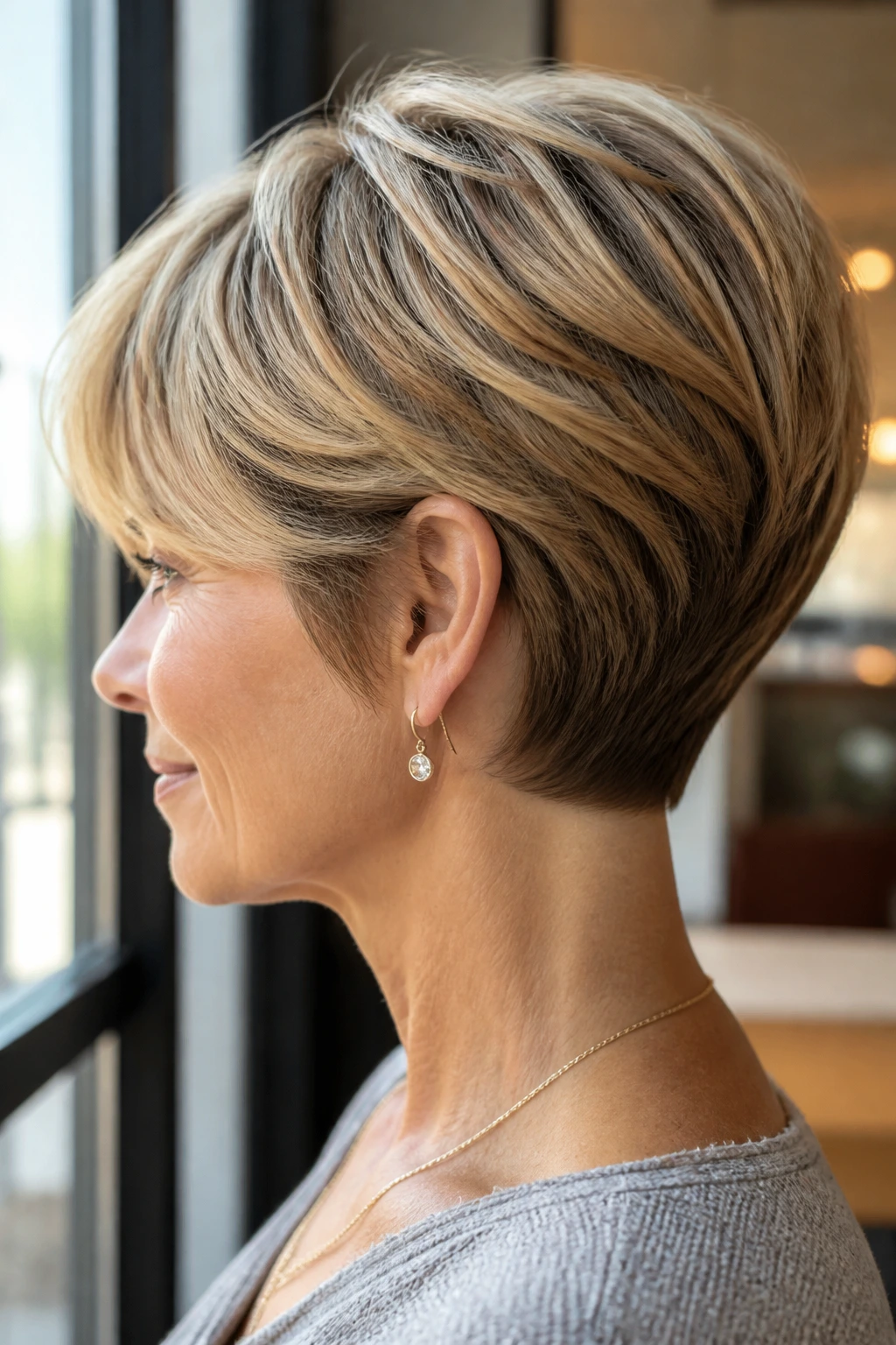 Profile close-up of a woman with a modern wedge haircut and clean neck line.