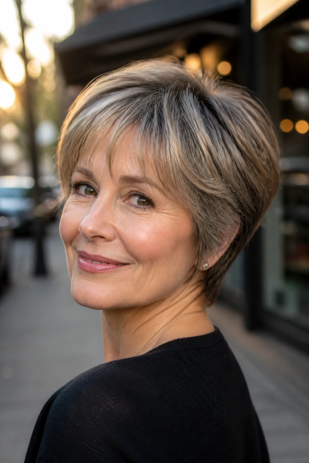 Real woman with modern wedge and wispy bangs on an urban street.