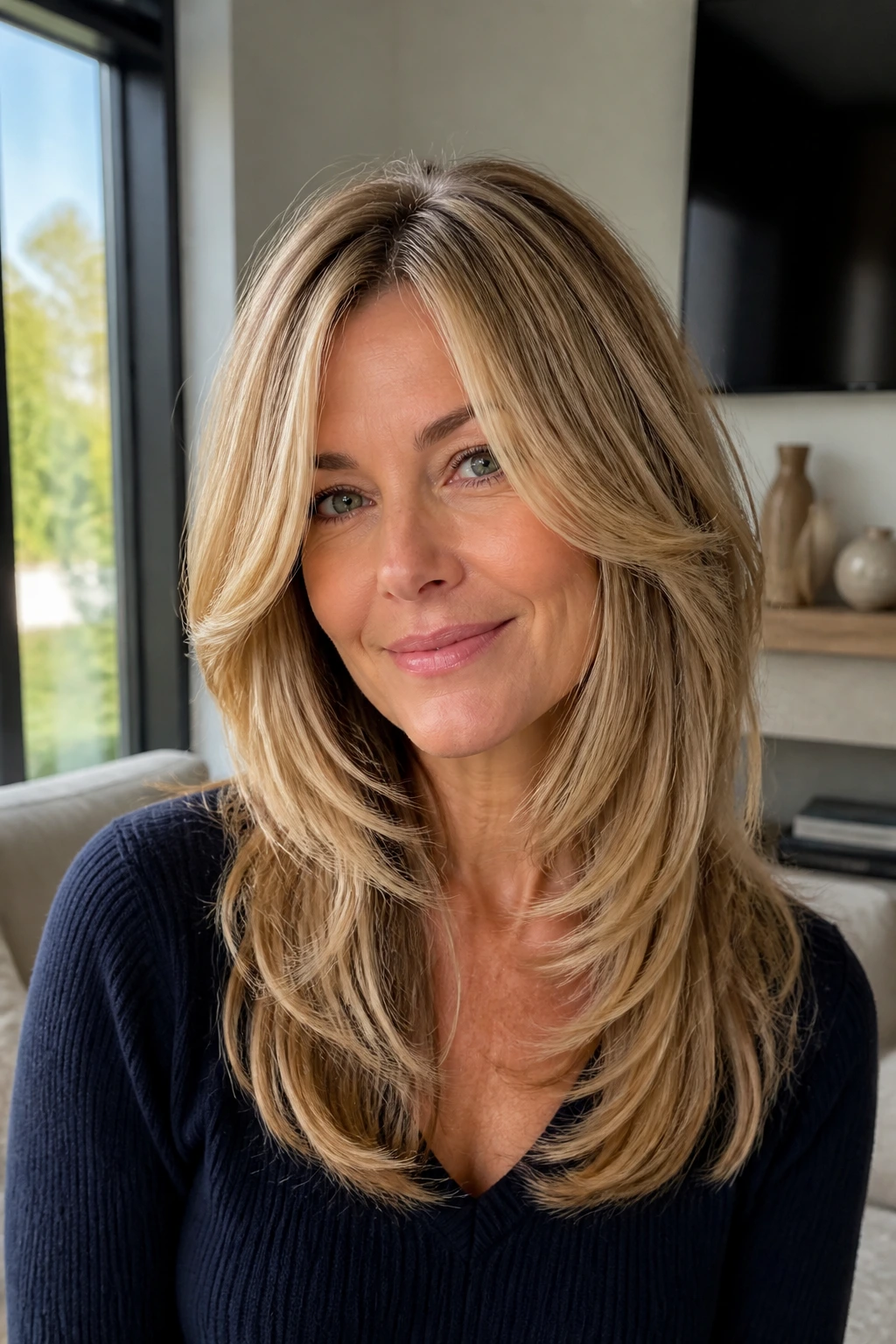 Medium close-up of a real woman with inward Rachel layers and wheat blonde dimension