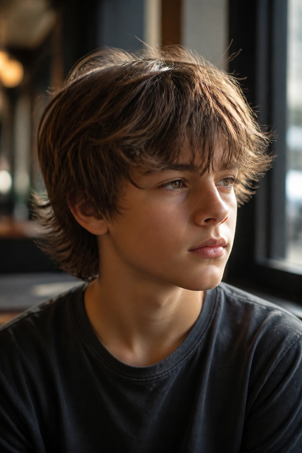 Medium close-up of a boy with a modern shag and light layers in cafe light