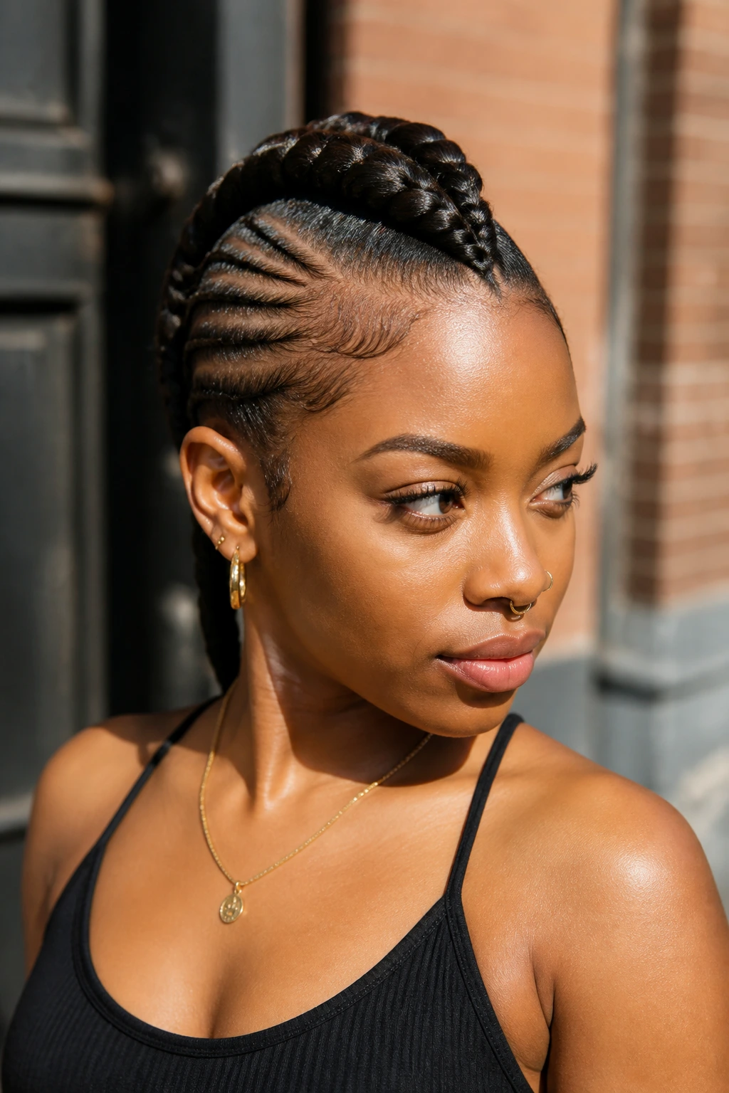 Woman with central Mohawk braid, outdoor light