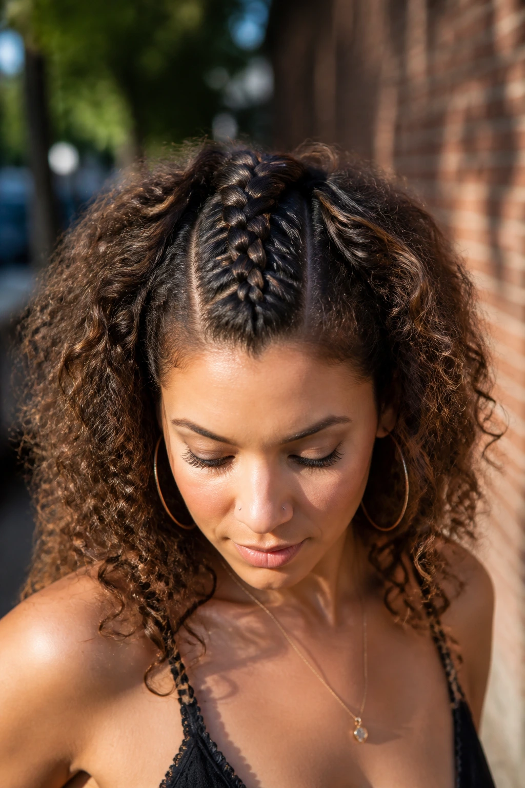 Woman with center mohawk braid and loose sides in natural outdoor light.