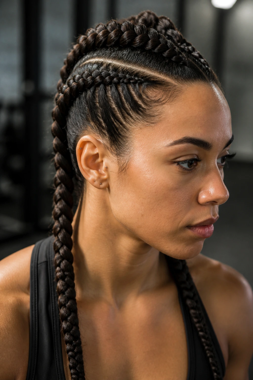 Close-up of real person with mohawk double braids