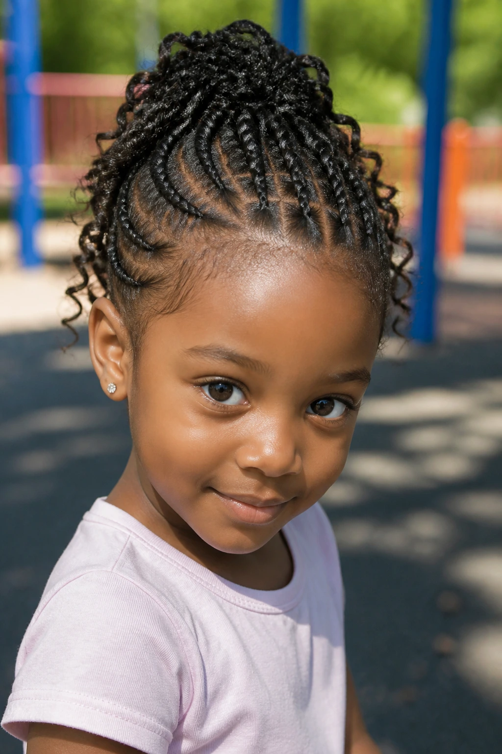 Close-up of a real child with a centered Mohawk braid ridge and curly ends