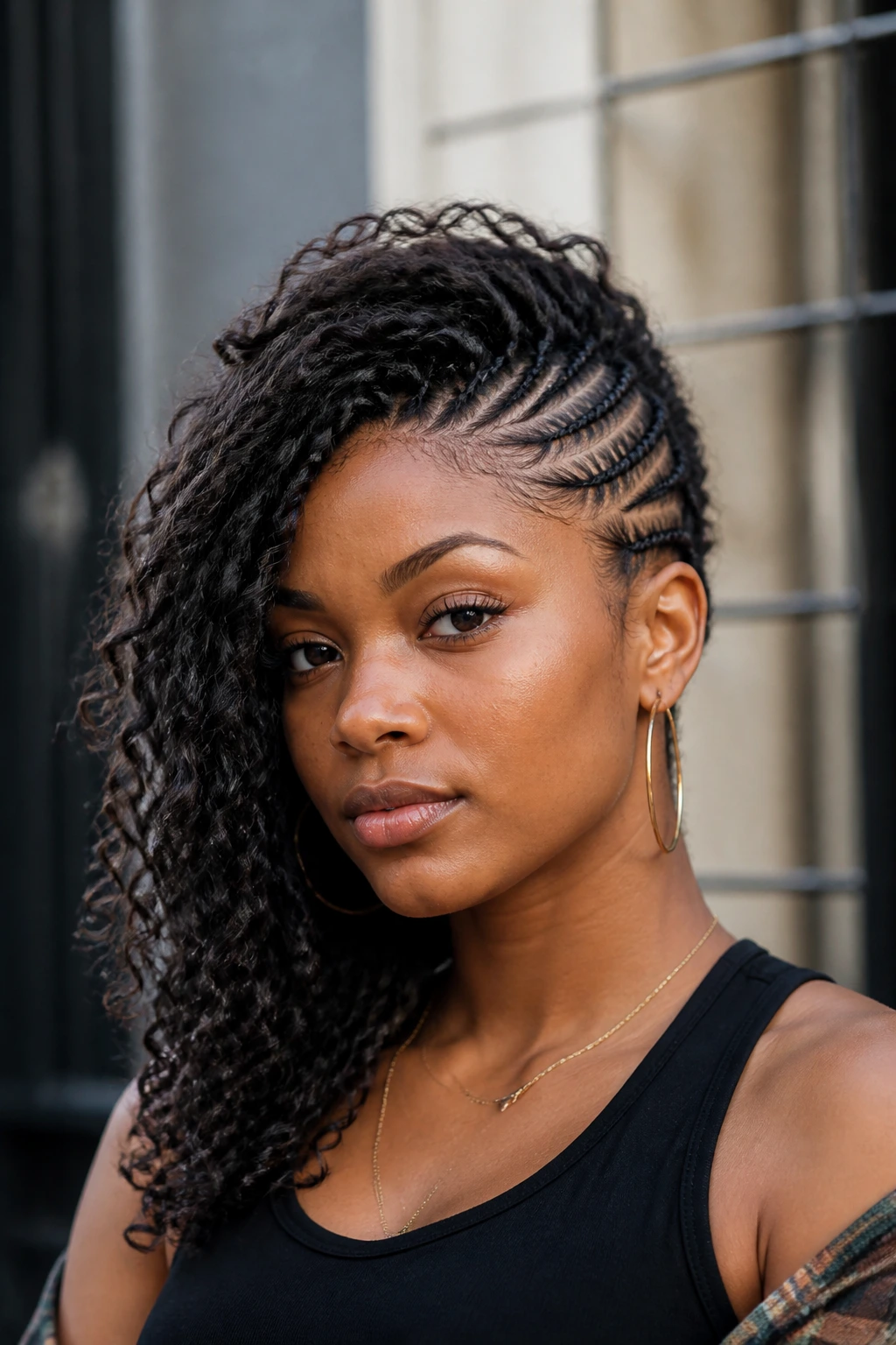 Close-up portrait of a woman with curly Mohawk braids swept left