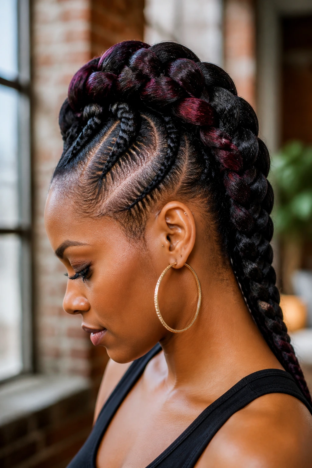 Close-up of a real woman with a mohawk braid ridge and smoky plum lowlights