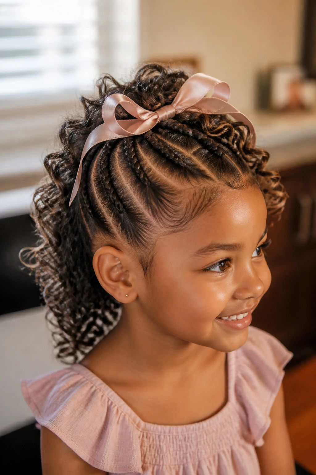 Child with mohawk braids adorned with ribbon and curls.