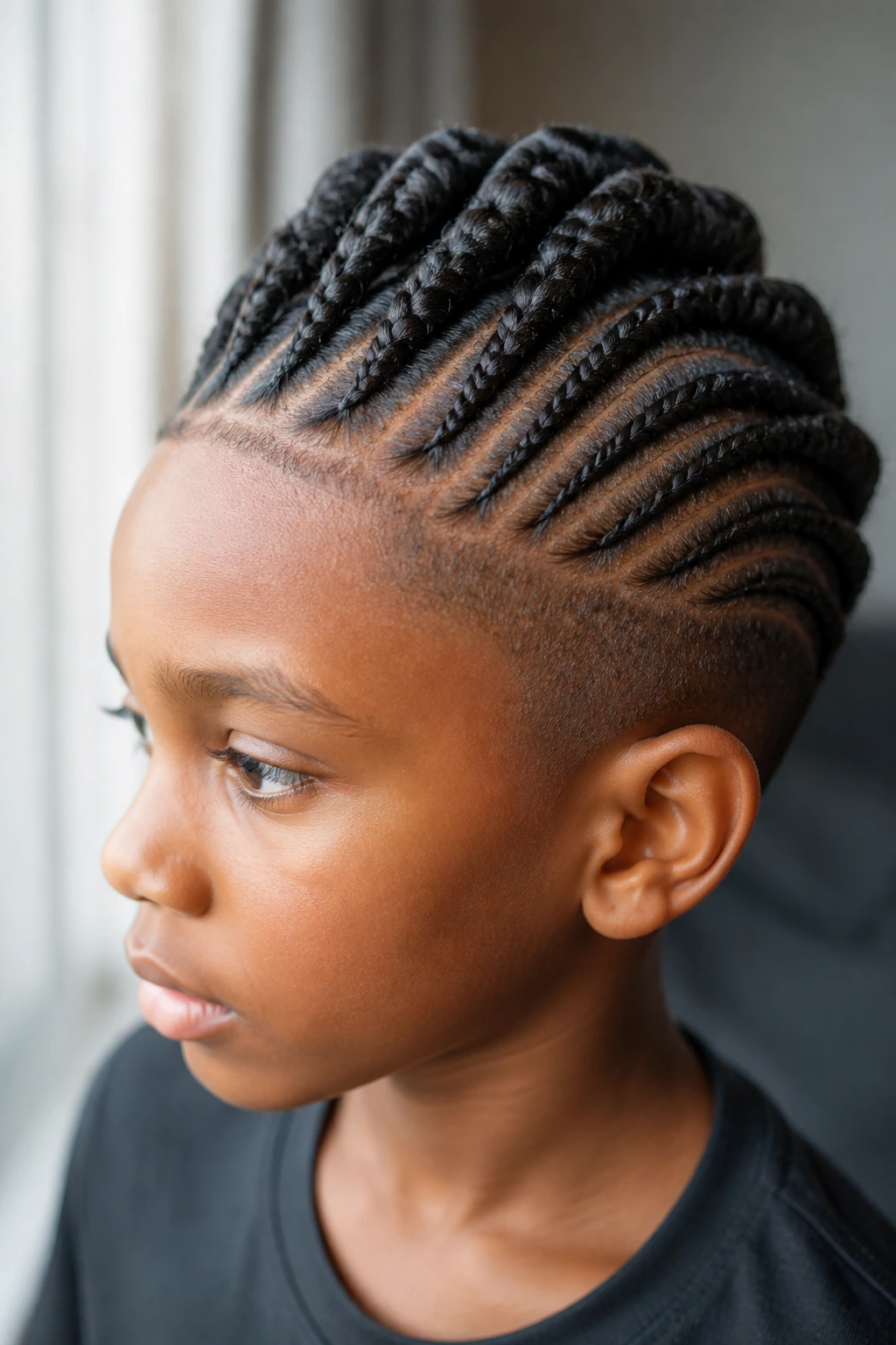 Close-up of a child with mohawk-style cornrows featuring a lifted center.
