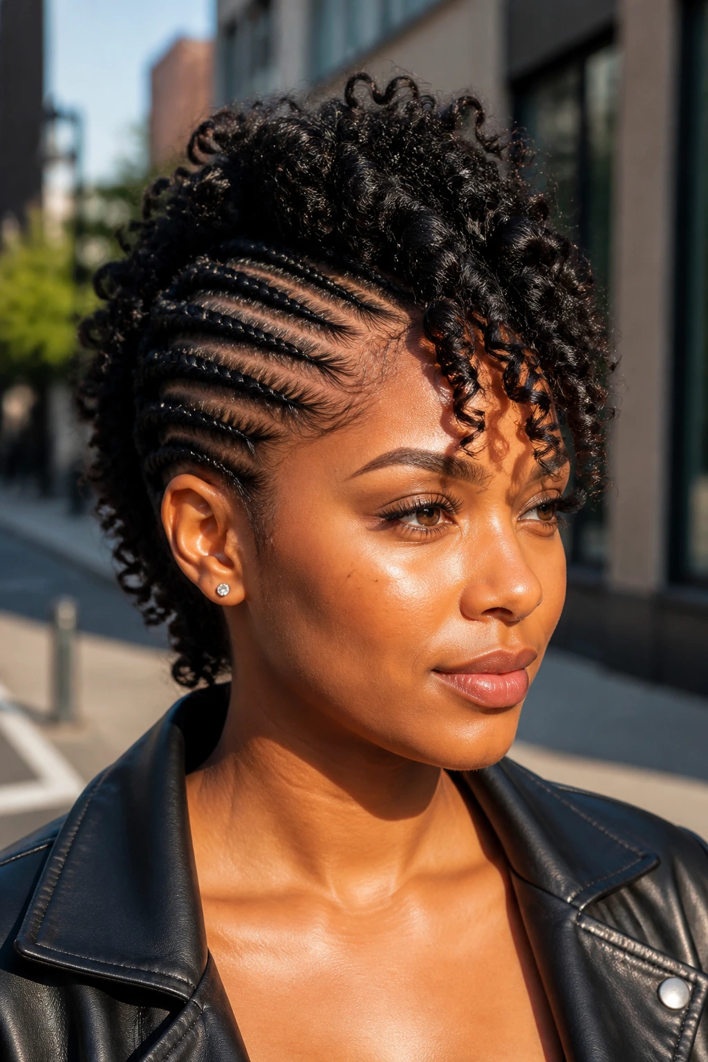 Portrait of a real person with Mohawk cornrows and center curls